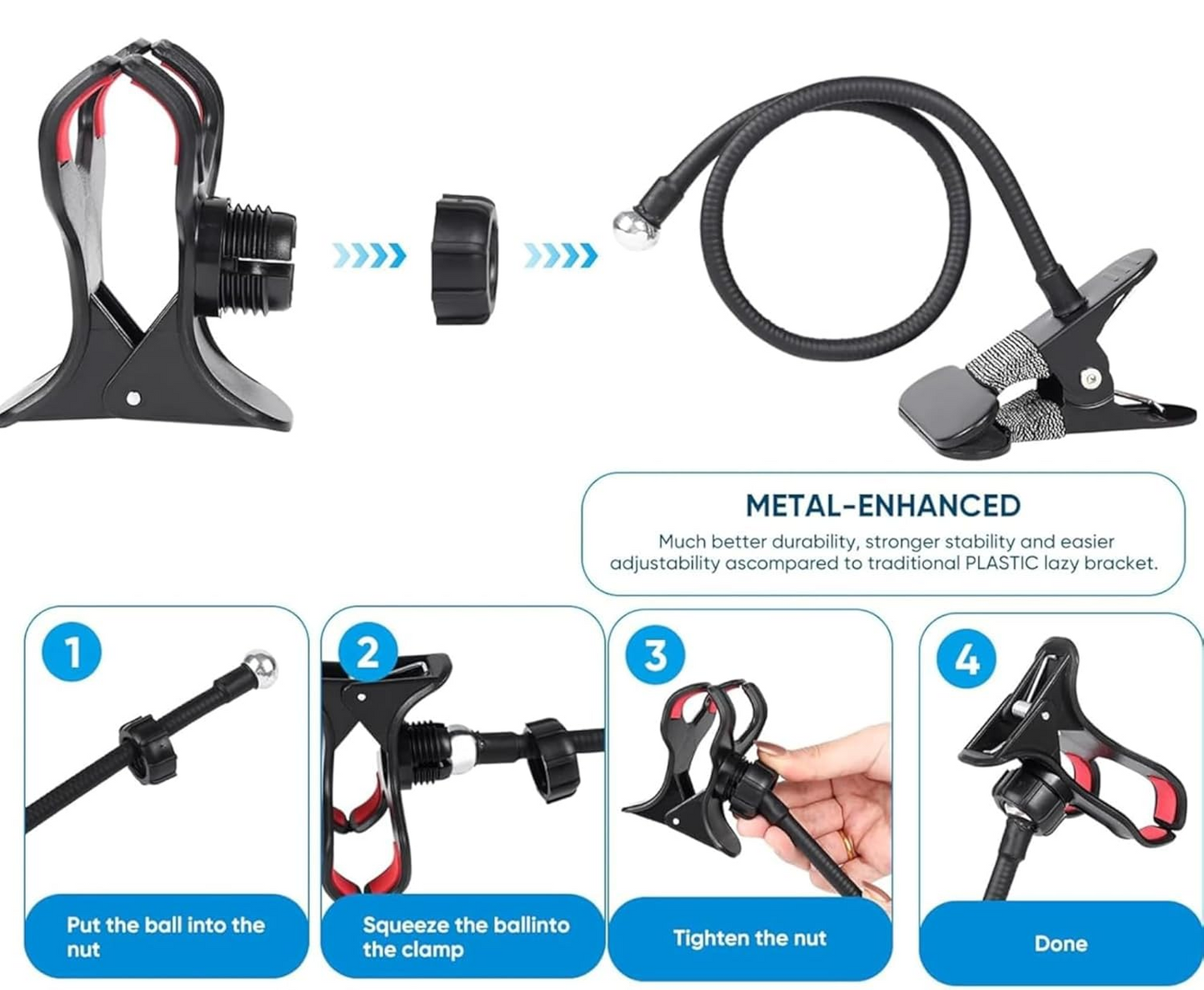 Metal 360 Degree Flexible Portable Foldable -Lazy Stand Bracket Cell Phone Holder/Gooseneck Long Arm Clip Mobile Stand for Table Mobile Stand for Bed Office