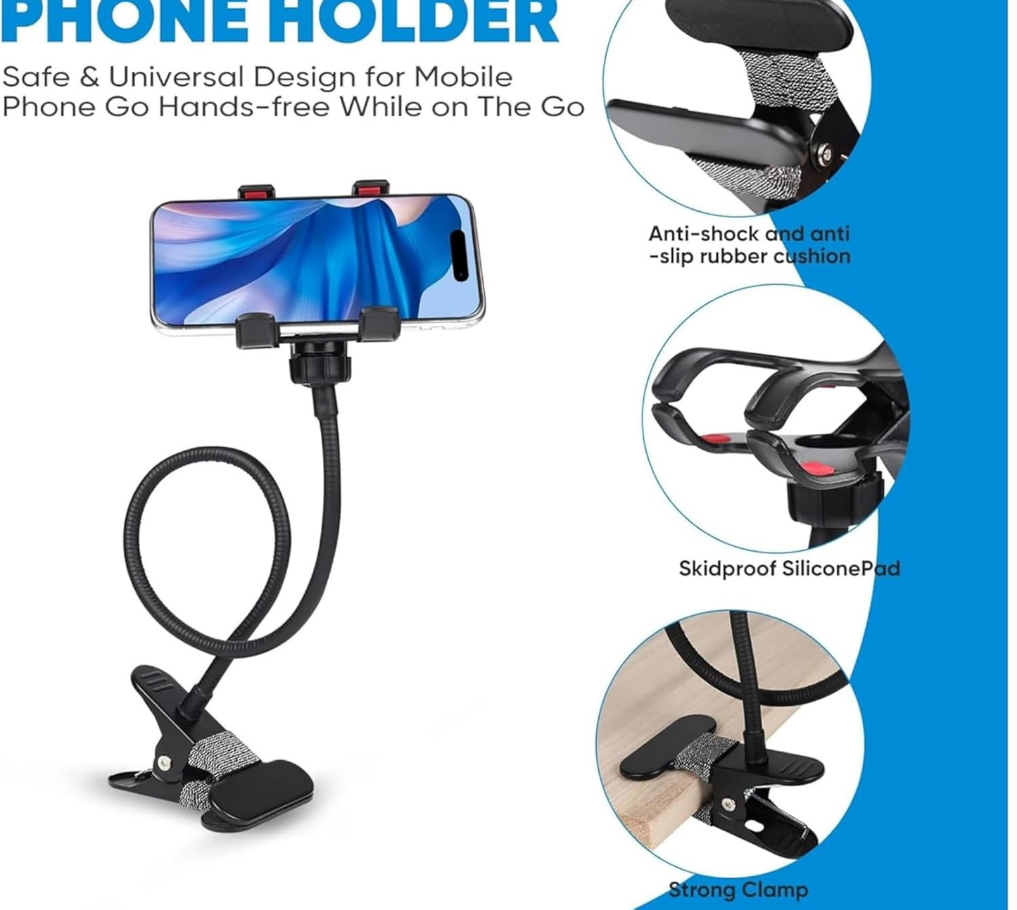 Metal 360 Degree Flexible Portable Foldable -Lazy Stand Bracket Cell Phone Holder/Gooseneck Long Arm Clip Mobile Stand for Table Mobile Stand for Bed Office