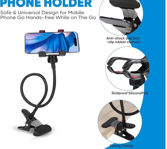 Metal 360 Degree Flexible Portable Foldable -Lazy Stand Bracket Cell Phone Holder/Gooseneck Long Arm Clip Mobile Stand for Table Mobile Stand for Bed Office