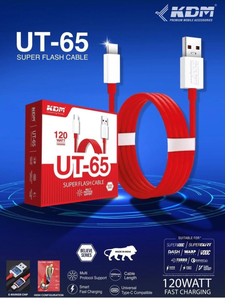 KDM UT65 (Orginal Branded) Super Flash USB to Type C cable – 120W- Fast Charging & Data Sync Cable - WARP/VOOC/FLASH Support