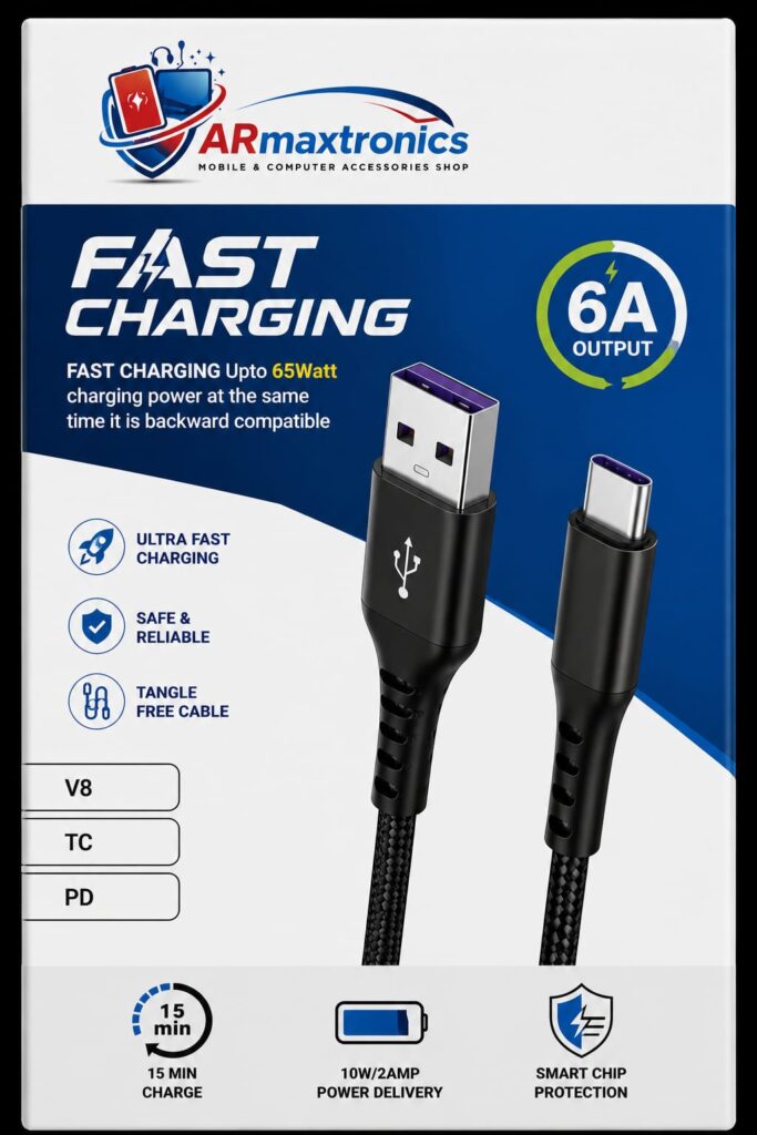 ARmax - 6 Amp & 65W  USB to Type C Fast Charging Data Cable for Mobiles