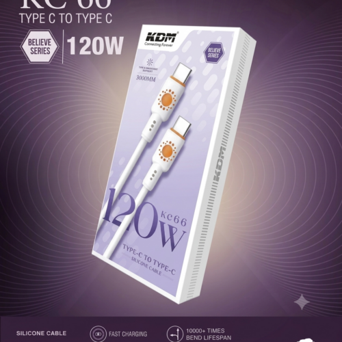 KDM - KC66 is a High Speed Fast Charging Silicon Type Data Cable 120W (Orginal Branded) - Type-C to Type-C (PD Cable) WARP/VOOC/FLASH support