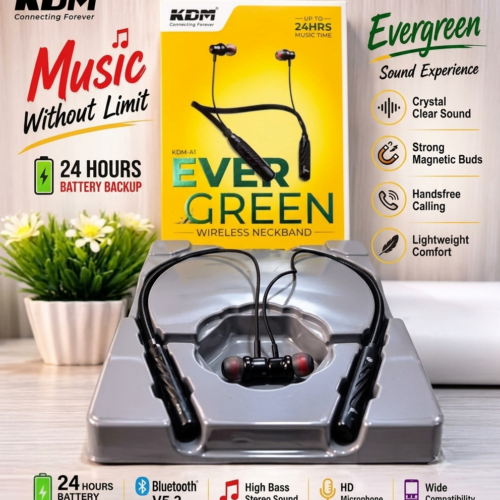 KDM A1 Evergreen Wireless Neckband Earphones (Orginal), 24 Hours Playtime, V5.3 Bluetooth, Type-C Charging, Super Bass