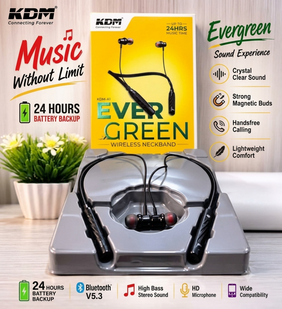 KDM A1 Evergreen Wireless Neckband Earphones (Orginal), 24 Hours Playtime, V5.3 Bluetooth, Type-C Charging, Super Bass